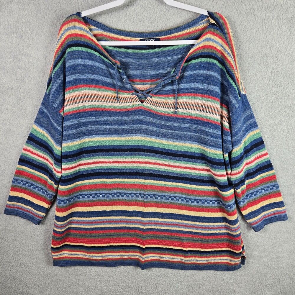 Chaps Denim Sweater Womens XL Striped Linen Cotton Knit Lace Up Henley Boho